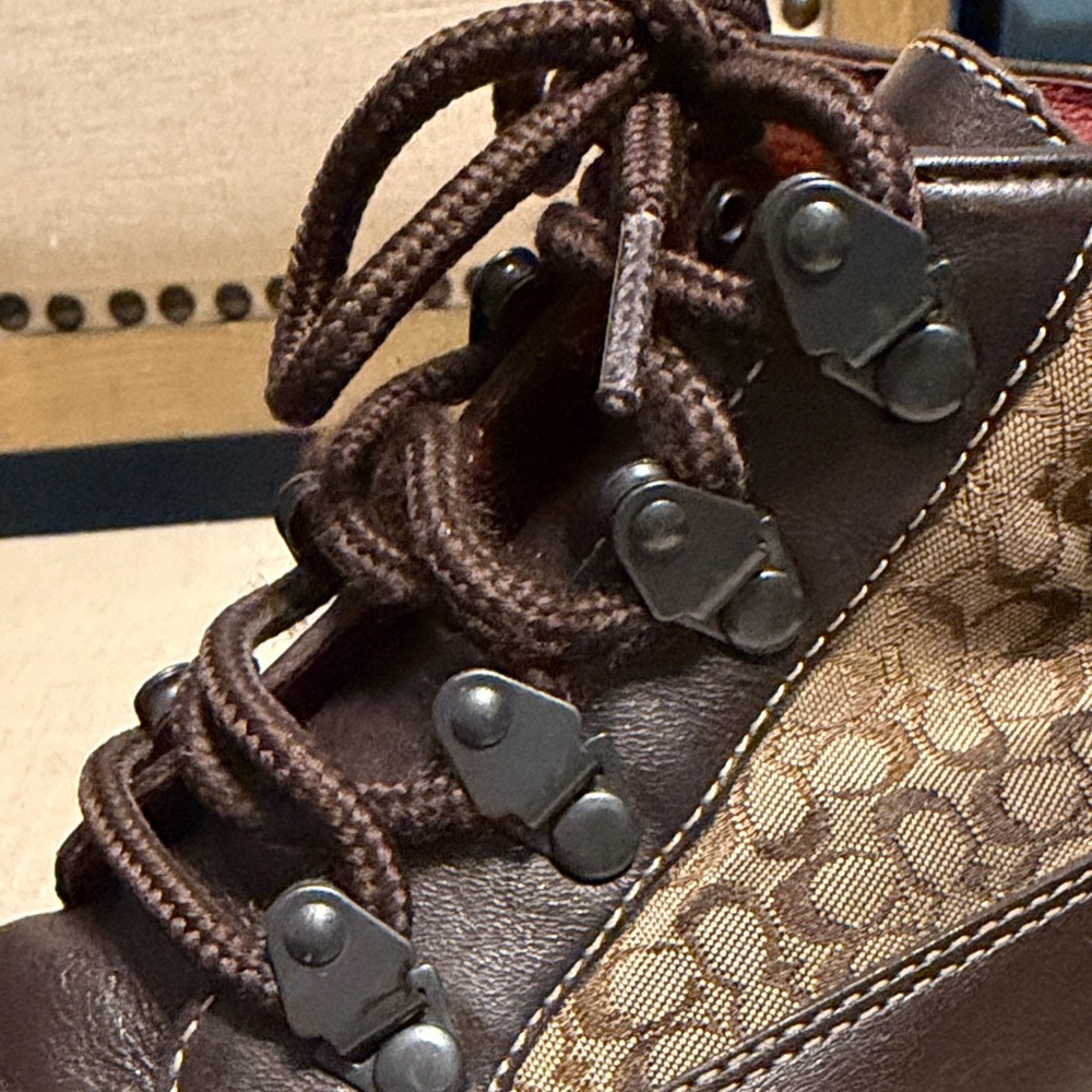 Coach “Dianne” Brown and Black Monogram Lace-Up Boots, Size 8M - Picture 10 of 12